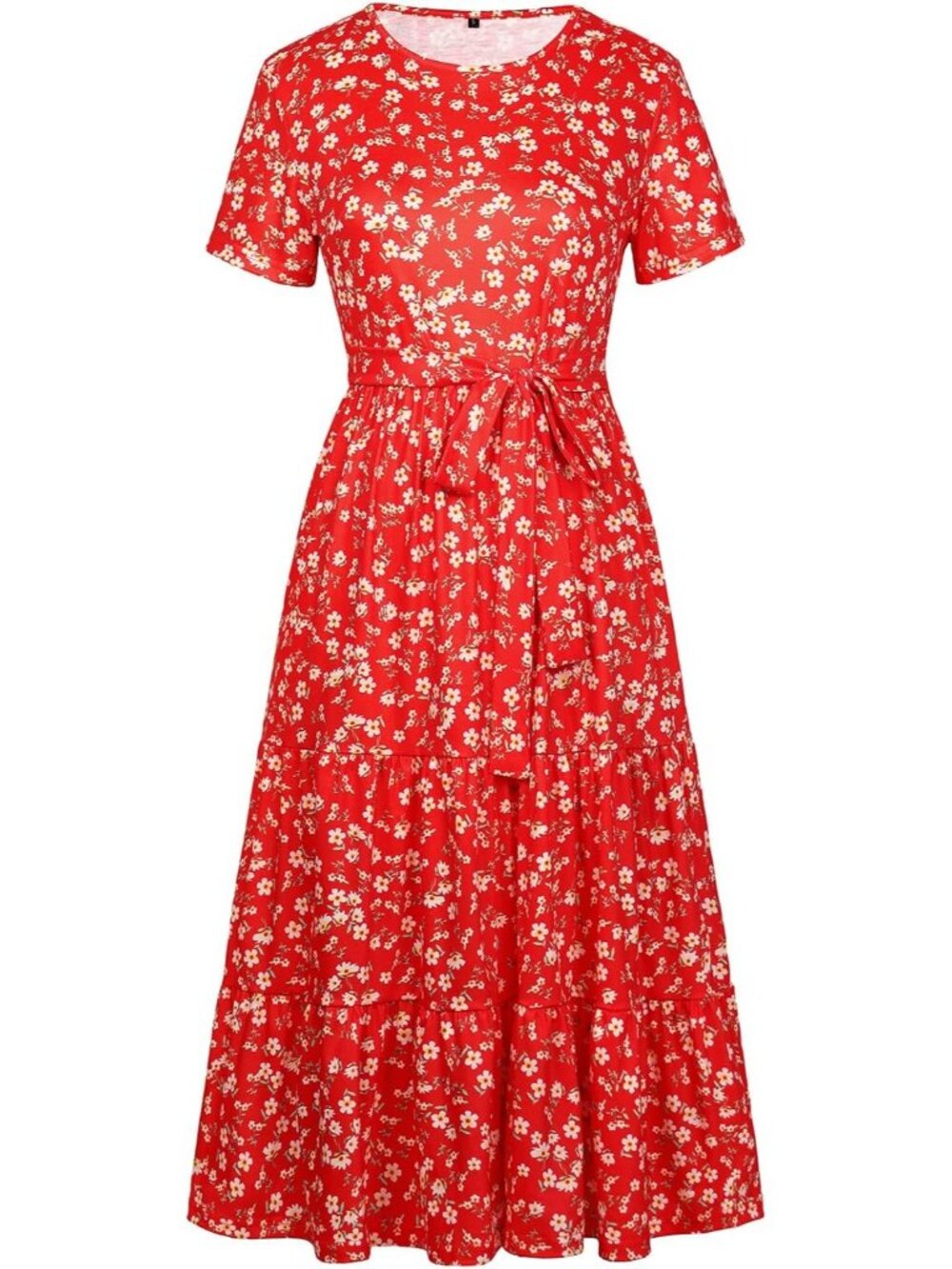 Women's Red Floral Tiered Short Sleeve Belted Pocket Ruffle Midi Maxi Dress - Picture 6 of 6
